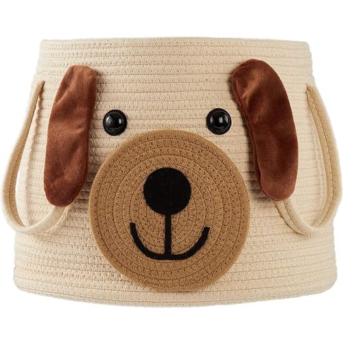Large Dog Woven Basket with Handles - Toy Storage Bin, Baby Gift & Animal Nursery & Cute Laundry Basket, for Clothes, Towels, Toys (Dog)