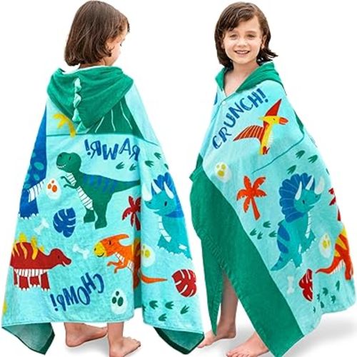 Joiedomi Dinosaur Hooded Towels for Kids Soft 100% Cotton Kids Beach Towel 30" x 50" for 3-8 Years Boy Girl Beach Hooded Poncho Absorbent Pool Toddler Swim Bath Wrap