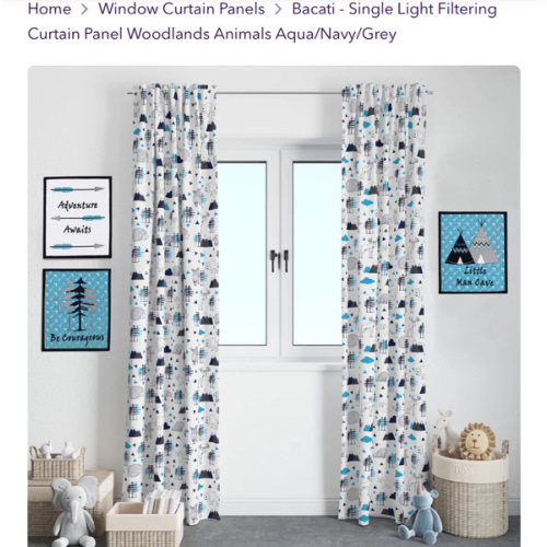 Bacati - Single Light Filtering Curtain Panel Woodlands Animals Aqua/N