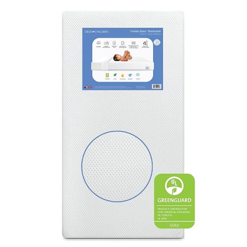 Delta Children Twinkle Stars Breathable Baby Bed Crib Mattress and Toddler with Removable/Machine Washable Cover - GREENGUARD Gold – Waterproof Sustainably Sourced Core Fiber Core, White - Twinkle Breathable