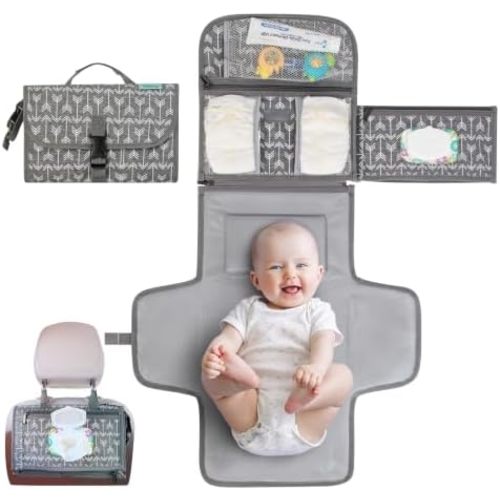 Kopi Baby Portable Diaper Changing Pad, Wipes Pocket, Premium Grey Arrows