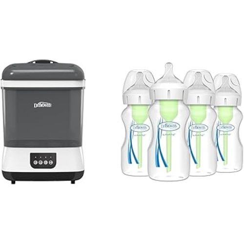 Dr. Brown's Baby Bottle Sterilizer, Dryer & Anti-Colic Options+ Wide-Neck Bottles, Level 1 Slow Flow Nipple, 9 oz, 4 Count