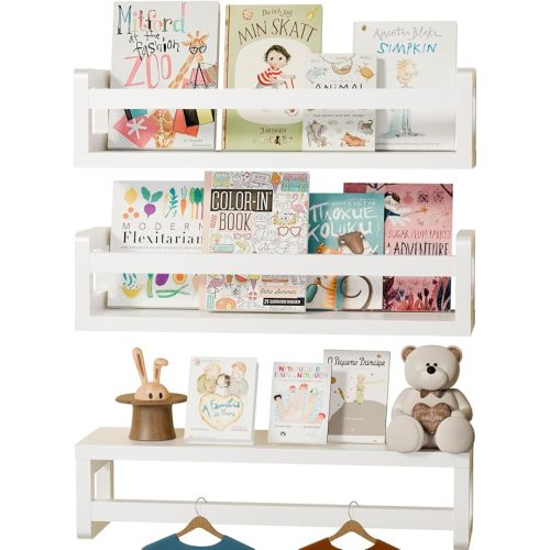 Floating Shelves for Wall, Wall Mounted Rustic Wood Shelves for Bathroom/Bedroom/Living Room/Kitchen, Nursery Book Shelves, Bookshelf for Kids and Nursery, White
