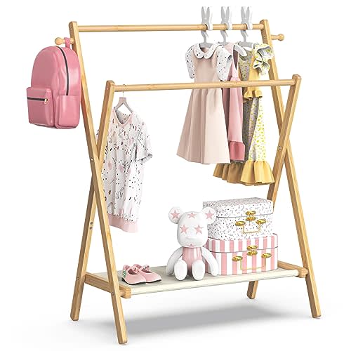 BAMBOOHOMIE Kids Clothing Rack, Small Clothes Rack for Toddler Pets, Kids Dress Up Rack with Storage Shelf & Double Rods, Foldable Kids Clothes Rack for Nursery Child's Room (Regular Size)