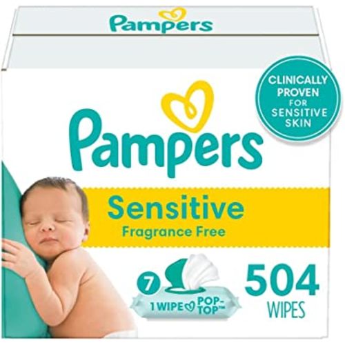 Baby Wipes, Pampers Sensitive Water Based Baby Diaper Wipes, Hypoallergenic and Unscented, 7X Pop-Top Packs, 504 Total Wipes (Packaging May Vary)