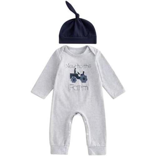 Omkzanbi New to the Farm Romper Baby Boy Tractor Embroidery Jumpsuit Hat Cute 2Pcs Newborn Coming Home Hospital Outfit 0-6M