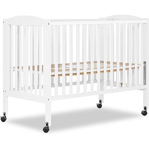 Dream On Me Full Size 2-in-1 Folding Stationary Side Crib In White, Locking Wheels, Folds Flat For Storage, Comes with Teething Guard, Non-Toxic Finish