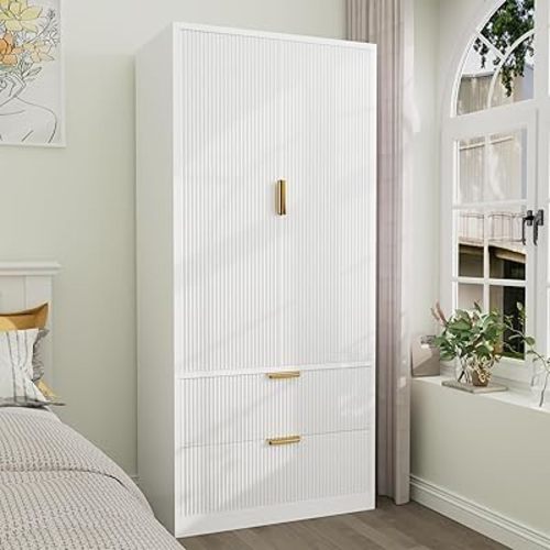 70" Wardrobe Closet with 2 Doors and 2 Drawers, Clothing Storage Cabinets with Hanging Rod, Modern Wooden Armoire Wardrobe Closet with Gold Handles for Bedroom Armoires Laundry