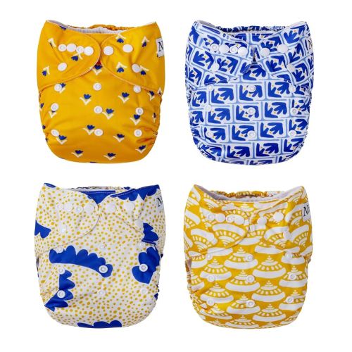 Nora's Nursery Cloth Pocket Diapers 4 Pack with 4 Inserts - Waterproof Cover, Washable, Reusable & One Size Adjustable Pocket Diapers for Newborns and Toddlers - Sicilian Summer