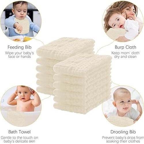 12 Pack Muslin Burp Cloths 100% Cotton Muslin Cloths Large 20''x10'' Extra Soft and Absorbent Baby Burping Cloth - Ivory