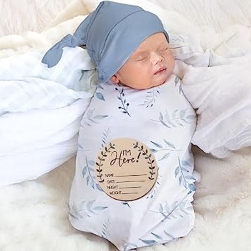 Ylsteed Baby Swaddle Blanket and Headband Set, Newborn Receiving Blanket Swaddle Wrap for Girls and Boys, Swaddling Blankets Neutral for Newborn, Soft and Skin-Friendly 32 * 32 inches (Blue leaves)