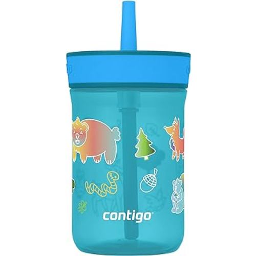 Contigo Leighton Kids Plastic Water Bottle, 14oz Spill-Proof Tumbler with Straw for Kids, Dishwasher Safe, Juniper/Blue Forest