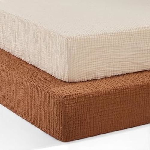 Pro Goleem 2 Pack Muslin Crib Sheets for Boys and Girls, 100% Cotton Soft Breathable Neutral Fitted Baby Bed Sheets Set for Standard Crib Mattress & Toddler Mattress 52"x28", (Brown&Beige)