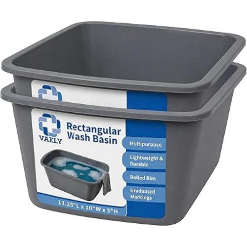 Vakly Wash Basin 7-Quart [2 Pack] – Rectangular Plastic Tub with Graduated Markings, Small Portable Soaking Basin for Face, Foot Bath, Laundry & Bedside Care