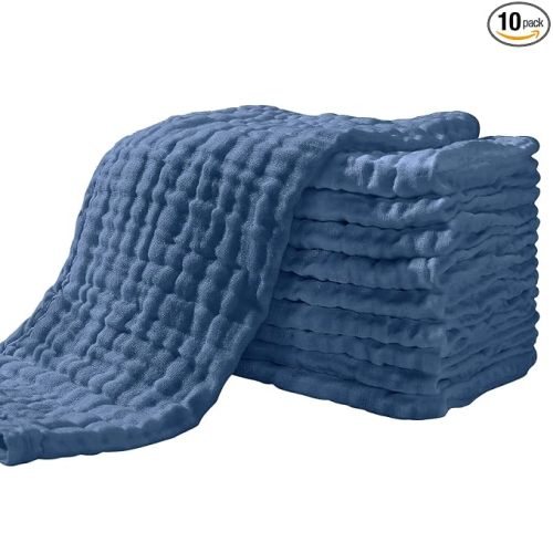 Yoofoss Muslin Burp Cloths for Baby 10 Pack 100% Cotton Baby Washcloths for Boys Girls Large 20''X10'' Super Soft and Absorbent Dark Blue