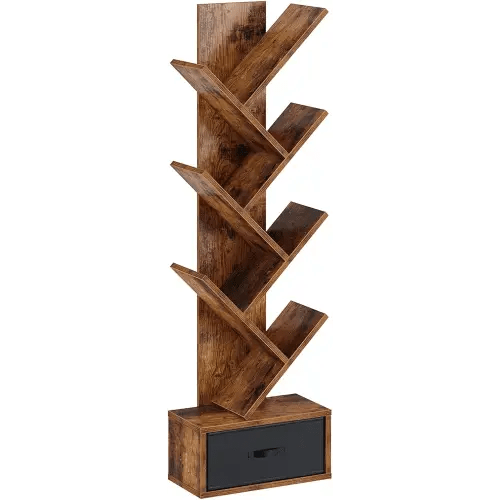Rolanstar Bookshelf with Drawer, 7 Shelf Tree Bookshelf, Wooden Bookshelves Storage Rack for CDs/Movies/Books, Rustic Brown Bookcase, Utility Organizer Shelves for Living Room, Bedroom
