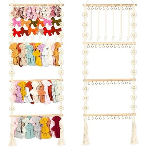 Headband Holder - Bow Holder for Baby Girl – Macrame Bow Organizer for Baby Girl w/ 48 Metal Hooks, 6 Slings & Wooden Bead – Space Saving Baby Bow Organizer – Ideal Baby Bow Holder for Expecting Moms