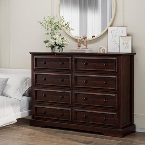 Farmhouse 8 Drawer Dresser for Bedroom, 54" Wide Wood Dresser with Natural Texture, Vintage Metal Double Hand Knobs, Rustic Chest of Drawers for Bedroom, Living Room, Hallway, Cherry