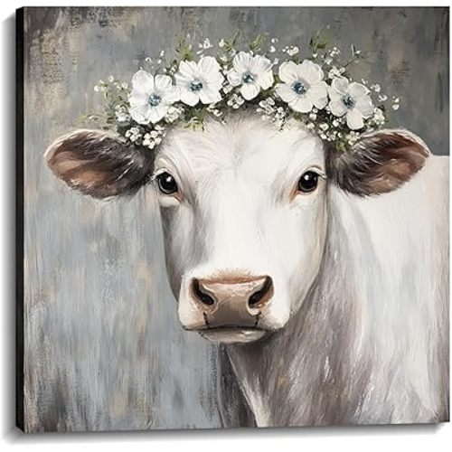 Cow Wall Decor Canvas Wall Art White Cow with Flower Picture Rustic Farmhouse Animal Painting Vintage Prints Bathroom Living Room Decor Framed(Cow-11,16.00"x16.00")