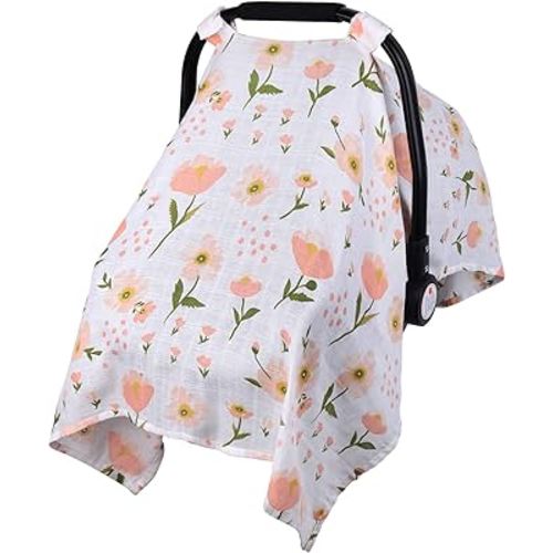 Muslin Carseat Cover for Babies, Metplus Breathable Infant Carseat Cover Lightweight Baby Carrier Cover for Girls Boys, Fit Spring Summer/Hot Days/Warm Weather, Pink Floral