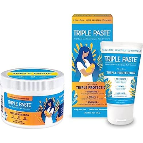 Triple Paste Diaper Rash Cream for Baby - 8 Oz Tub & 3 Oz Tube At Home & On the Go Bundle - Zinc Oxide Ointment Treats, Soothes and Prevents Diaper Rash