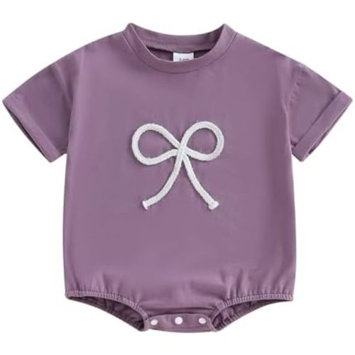 Newborn Baby Girl Clothes Bow Emboridery Short Sleeve Bubble Romper Oversized Tshirt Romper Cute Summer Outfit