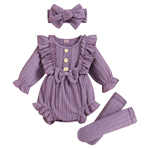 GRNSHTS Newborn Baby Girl Clothes Ruffle Solid Sweater Long Sleeve Romper+Hairband+Socks 3Pcs Fall Winter Outfits