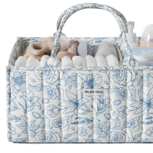 Blissful Diary Floral Diaper Caddy Organizer, Stylish Nursery Storage Basket, Gift for Baby Shower, Baby Registry Must Have, Newborn Essentials, Blue Floral