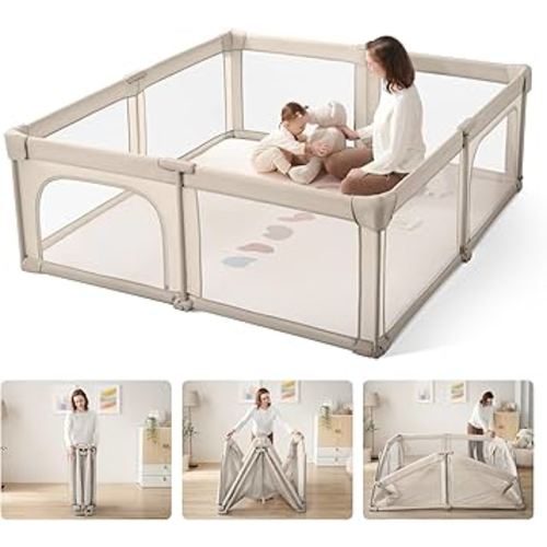 Baby Playpen Portable, Pre-Assembled Play Pen 71x79 Large Foldable Playpen for Babies and Toddlers, Sturdy and Safe Toddler Play Yard Indoor Outdoor with Carry Bag, Light Khaki