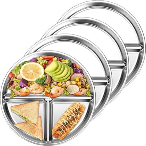 4 Pack Stainless Steel Kids Plates, Unbreakable Dinner Plates, 9" Portion Control Platter with 3-Compartment, Divided Food Tray Stainless Steel Plate for Kids, Adults, Camping, Lunch and Dinner