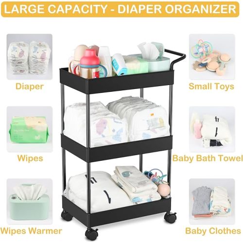 Baby Diaper Caddy, Plastic Movable Cart for Newborn Nursery Essentials Diaper Storage Caddy Organizer for Changing Table & Crib, Easy to Assemble, Black