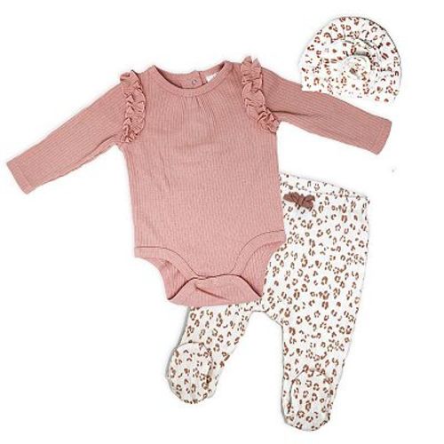 Baby Girls Take Me Home 3 Piece Layette Set, Mauve Leopard