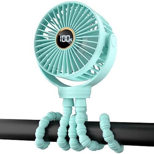 Portable Stroller Mini Fan, Small Rechargeable Personal Cooler w/ 360° Rotation, 3-Speed, Display, Battery Powered Stroller Accessories, Baby Essentials for Car Seat, Crib, Bike, Treadmill, Aqua