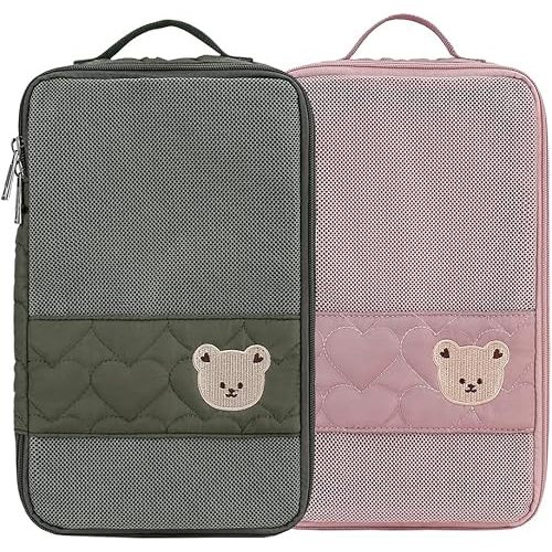 Baby Diaper Bag Organizer Pouches - 2 Pack Waterproof Pod Hanging Diaper Bag Cute Bear Mesh Bag Reusable, Washable or Baby Cloth Diapers (Green&Pink)