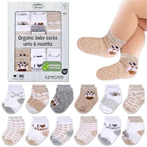 Mother's Choice Organic Cotton Baby Socks 0-6 Months - 12 pairs Soft and Cozy Newborn Gap Socks for Boys & Girls, Gentle Infant Wear, Ideal Baby Registry for Everyday Comfort for Babies