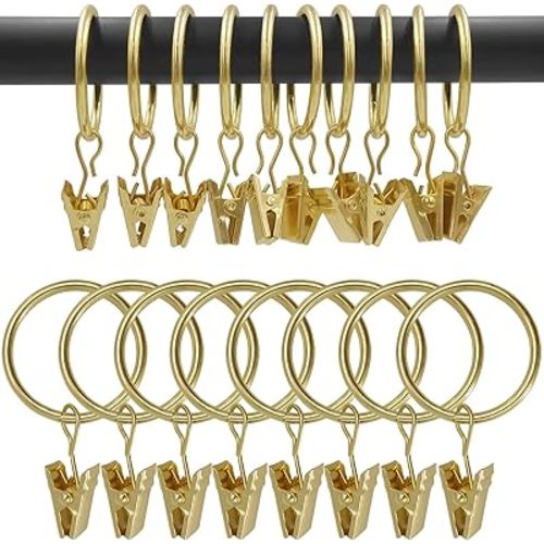 100 Pack Gold Curtain Rings with Clips, Curtain Hooks Hangers Clip Rings for Hanging Drapes Bows Hat, Drapery Rings 1.26 in I D, Fits up to 1 in Diameter Curtain Rod.