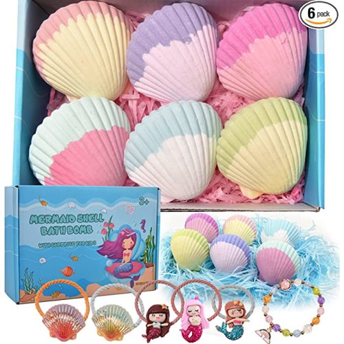 Mermaid Bath Bombs for Kids Girls with Surprise Inside, 6 Pcs Natural Fizzy Princess Fun Shell Bubble Bath Bomb Kit with Jewelry Toys, Christmas Easter Basket Stuffer Valentines Day Birthday Gift Set