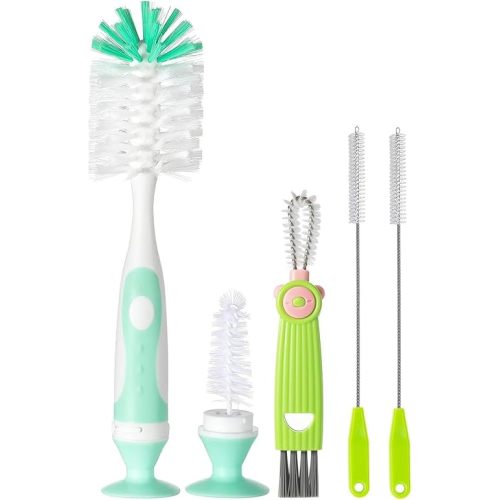 Baby Bottle Brush 4 in 1, Bottle Cleaner Brush Set, with 1P Nylon Bottle Brush Cleaner, 1P Bottle Cap Brushes, 2P Straw Brushes, Bottle Brush with Nipple Cleaner and Suction Cup, BPA-Free(Green)