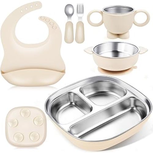 Stainless Steel Kids Plates and Bowls, 6 Pcs Baby Tableware Set Contain Deep-Divide Toddler Plates, Bowls, Cup, Utensils & Bib – BPA-Free 304 Steel + Silicone Suction – Dishwasher Safe