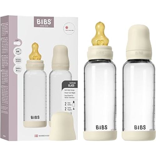 BIBS Glass Baby Bottles 2-Pack, 8.1 Oz. Anti-Colic System for Gas Reduction. Vented Round Natural Rubber Latex Nipple. Supports Infant and Newborn Breastfeeding - 240 ml (Pack of 2), Ivory