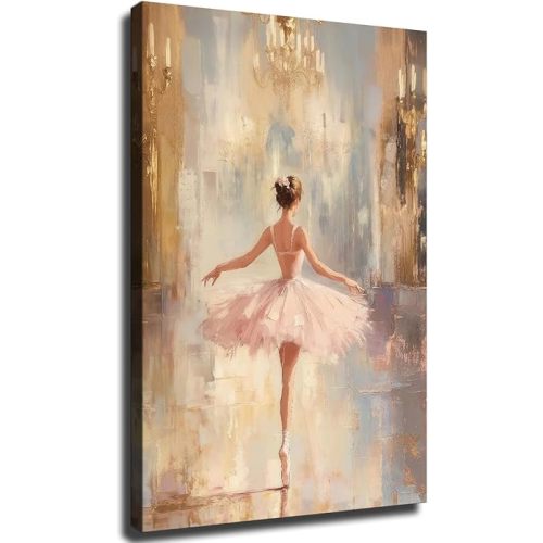 Vintage Ballerina Canvas Wall Art, Elegant Pink Ballet Wall Art Aesthetic Room Decor Ready To Hang (Framed,20×30 inch)