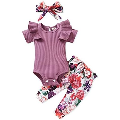 Unutiylo Preemie Newborn Baby Girls Clothes Ribbed Romper Bodysuit Pants Set Ruffle Spring Summer Outfits