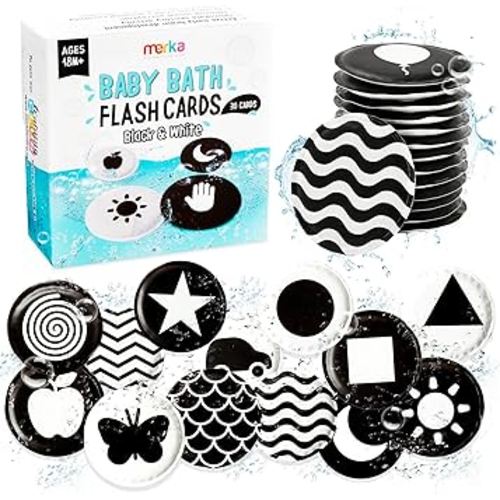 merka High Contrast Baby Toys for Newborn Mold Free Bath Toys Black and White Cards for Babies Set of 30 Floating Flashcards Sensory and Visual Learning