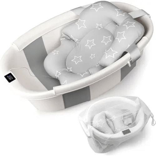 Baby Bathtub, Baby Tub with Thermometer & Soft Cushion, Collapsible Baby Bathtub from Newborn to Toddler Bathtub 0-36 Months, Foldable for Quick Use & Portable for Travel(Grey)
