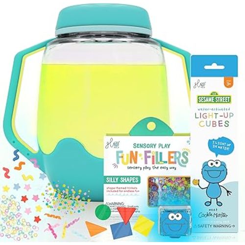Glo Pals Play Pack Bundle with Sensory Play Jar, Water-Activated Light-Up Cubes, and Fun Fillers - Sensory Toys for Toddlers - Sensory Toy Kit with Light Up Cubes for Bathtub - Cookie Monster
