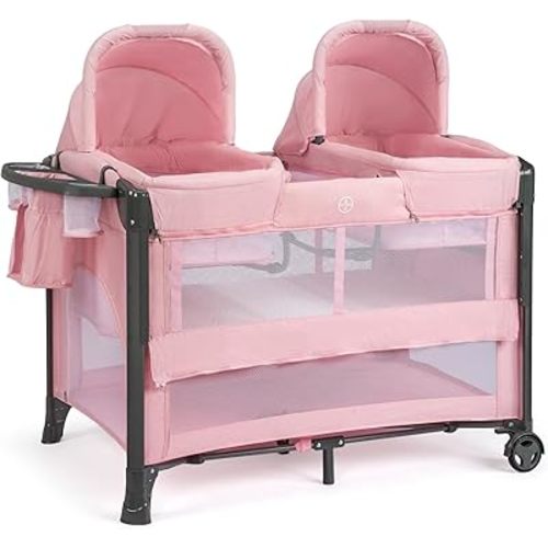 JOYMOR Twin Bassinet for Baby, Pink Bedside Bassinet, Convertible to Bedside Sleeper and Playpen, with Wheel, Brake, Foldable Side Sleeper