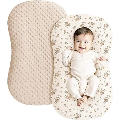 Konssy Minky Baby Lounger Cover 2 Pack, Soft and Breathable Newborn Lounger Cover Slipcover for Girls Boys, Covers Only (Camel,Floral Blossom)