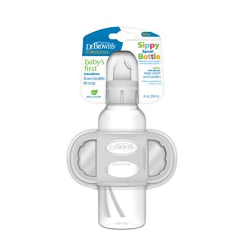 Dr. Brown's Milestones Narrow Sippy Spout Bottle, 100% Silicone Handles, 8oz/250ml, 6m+, BPA Free, Gray