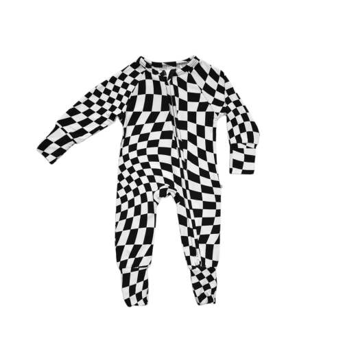 B&W Wavy Checker | Bamboo Zip Romper