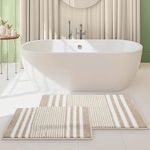 Starryle Bathroom Rugs Set 2 Piece, Extra Soft and Absorbent Fluffy Striped Chenille Bath Mat Rug Set, Non Slip Bathroom Floor Mat, Machine Washable (20" x 32" Plus 16" x 24", Khaki)